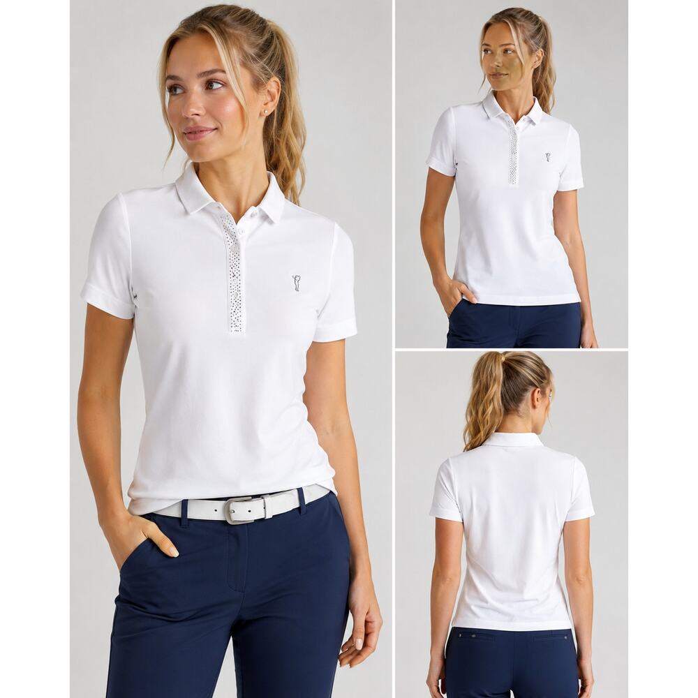 Golfino Women's White Golf Polo Shirt M Rhinestone Trim Stretch Made Portugal